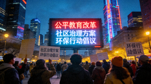 城市夜景中的热门社会事件讨论现场